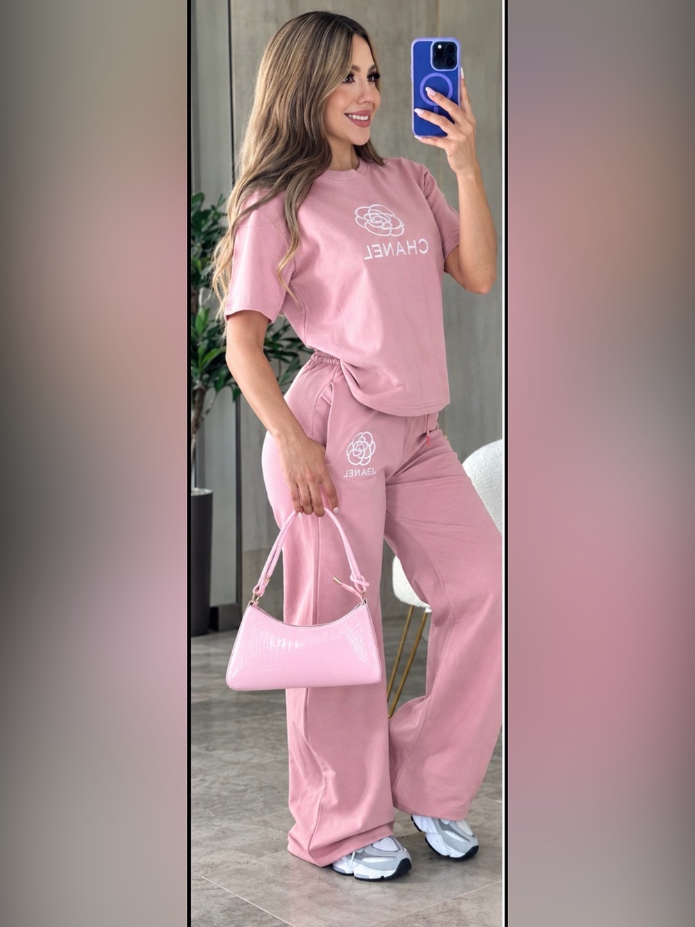 Pink High-Waist Lounge Pants with Matching Tee set size S
